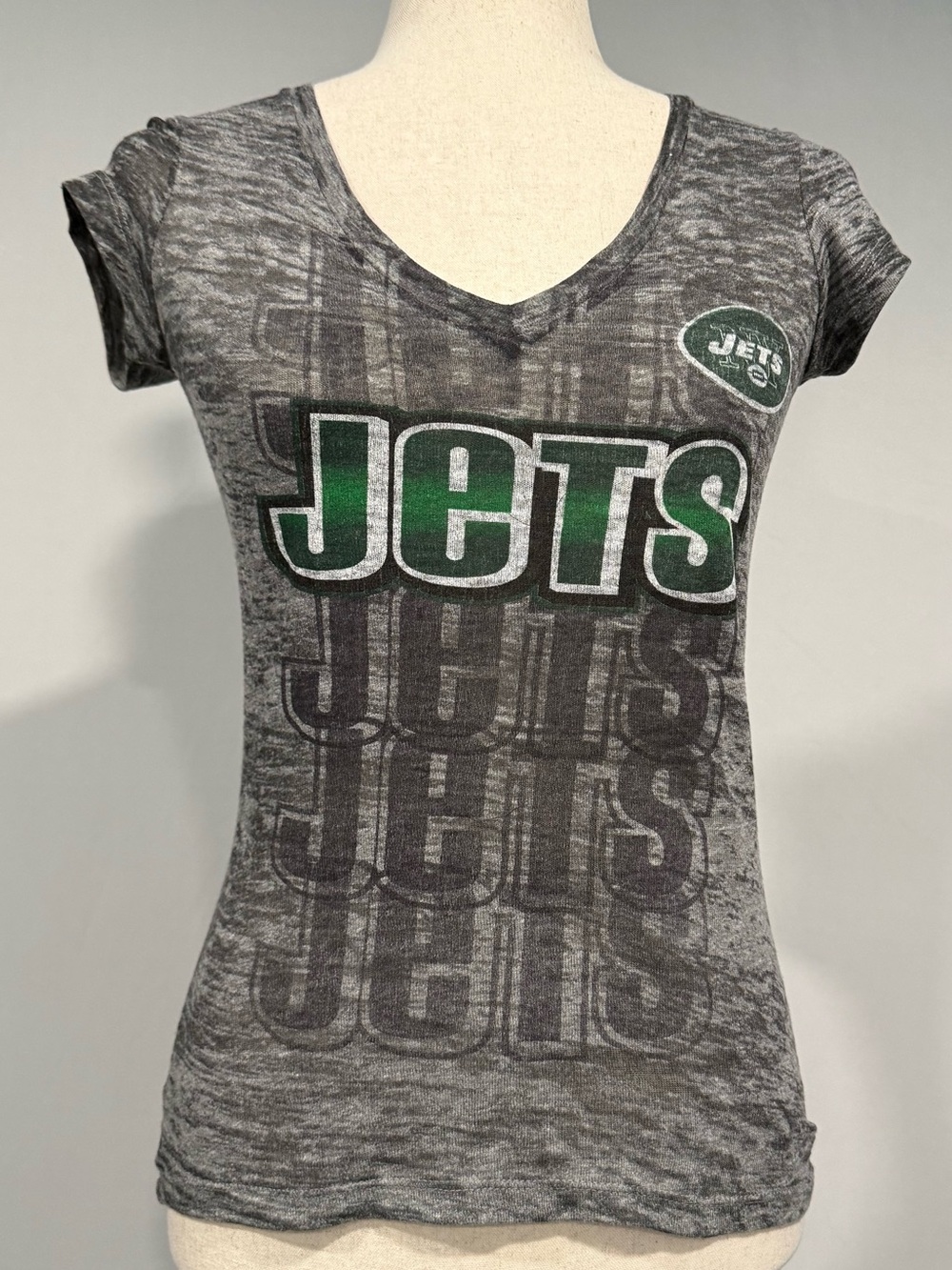 New York Jets Gray & Green V-Neck Semi-Shear Tee